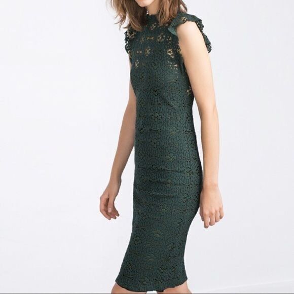 ZARA  green jewel tone lace midi high neck holiday party dress small - Picture 3 of 16
